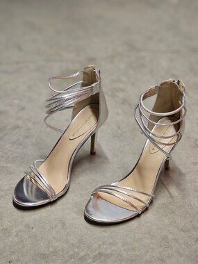 Strappy Metallic Silver High Heel Sandals With Ankle Strap Closure - Womens